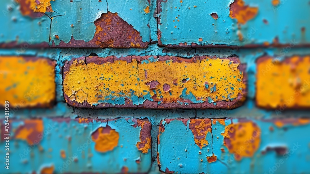 A tight shot of a brick wall with chipping paint on its edges and yellow areas peeling off A tight shot of a brick wall with chipping paint on its edges and yellow areas peeling off