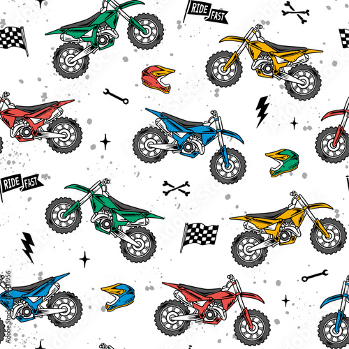 Vector motocross seamless pattern. Dirt bike cartoon repeat pattern.