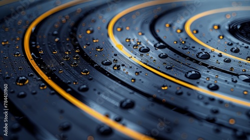  A tight shot of water droplets on a black background, yellow lines at circle bottoms