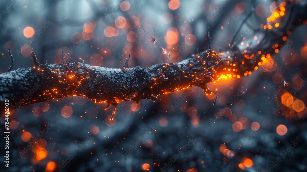 A tree branch, lit closely with numerous lights, against a backdrop of softly blurred trees A tree branch, lit closely with numerous lights, against a backdrop of softly blurred trees