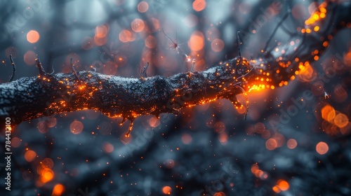  A tree branch, lit closely with numerous lights, against a backdrop of softly blurred trees