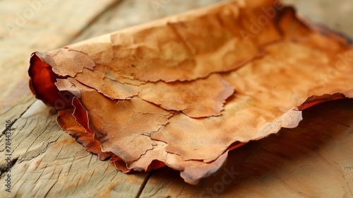   A close-up of a leaf on wood with peeling paint around its edges  the leaf resting at the edge
