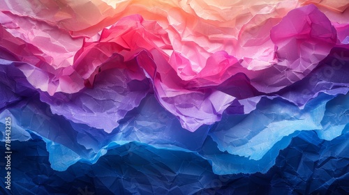   A detailed view of a multi-hued paper resembling a mountain range against a backdrop of pastel skies photo