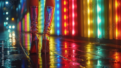   A pair of high-heeled boots sits atop a damp floor, in front of a vibrant, multicolored wall photo