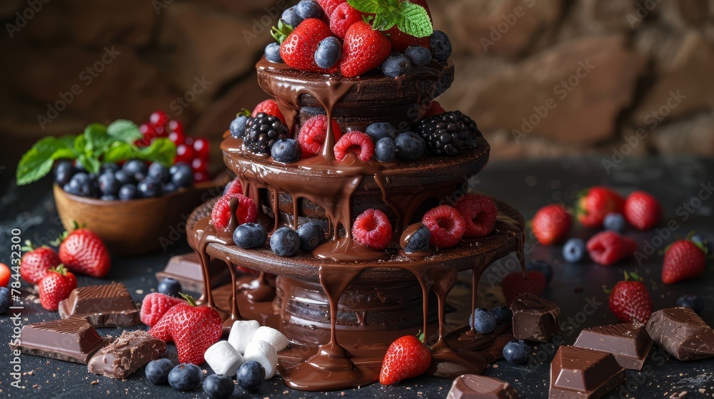   A chocolate fountain with strawberries, blueberries, raspberries, and mint on a black table Chocolate flowing, fruits dipped