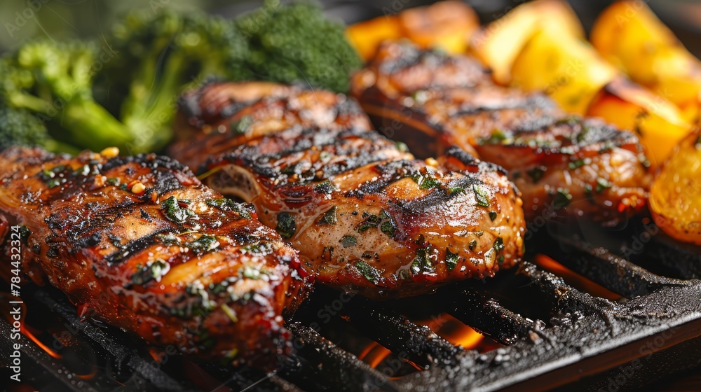   A tight shot of meat sizzling on the grill, surrounded by steamed broccoli and bright orange carrots