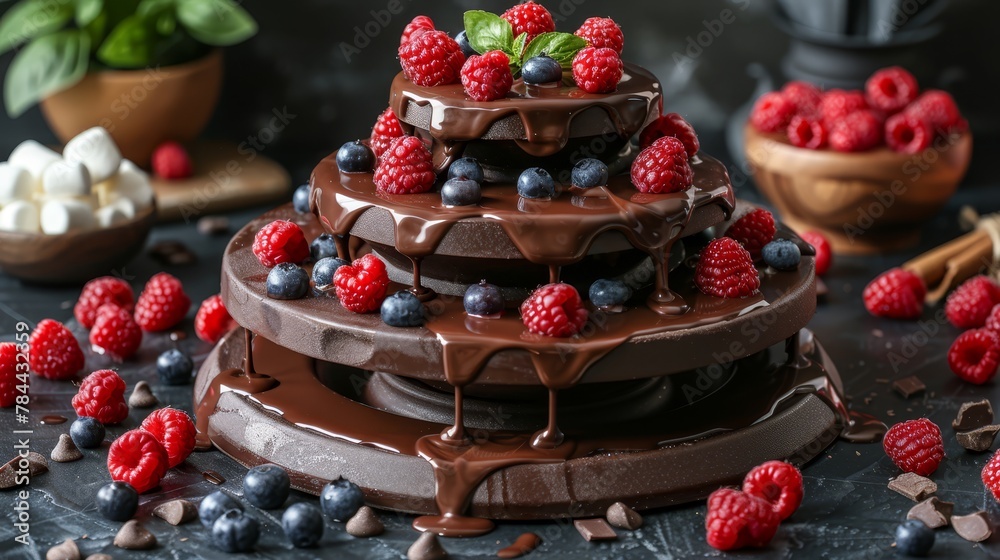   A chocolate cake topped with raspberries, blueberries, and mints sits atop a table laden with various desserts