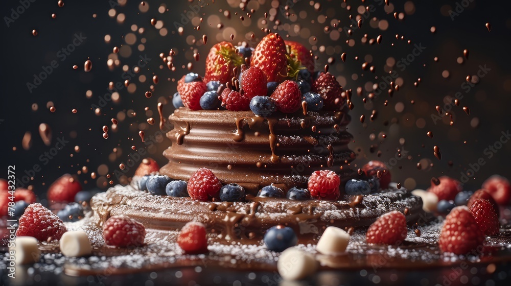   A chocolate cake topped and bottomed with berries and marshmallows