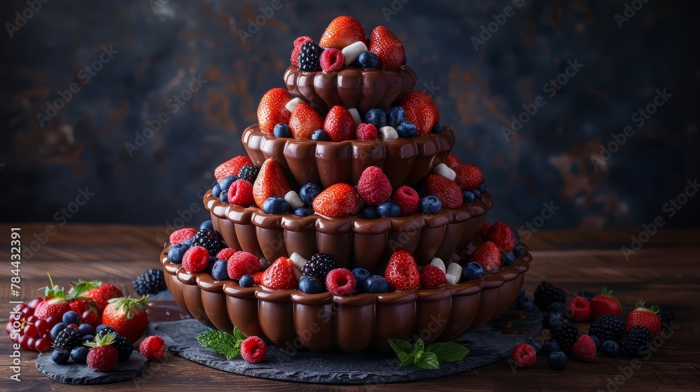   A chocolate cake topped with strawberries, blueberries, and raspberries