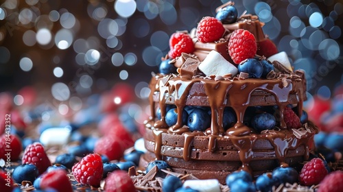  A cake topped with chocolate frosting and a mixture of raspberries and blueberries atop a pile of those same fruits