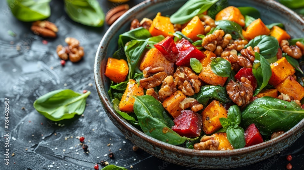  spinach, carrots, nuts, and spoons of spinach leaves - obrazy, fototapety, plakaty 
