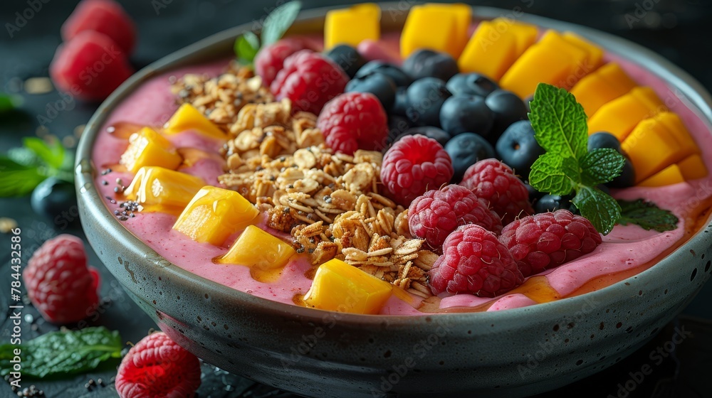   A bowl of fruit and granola atop a table, surrounded by raspberries, blueberries, and more raspberries