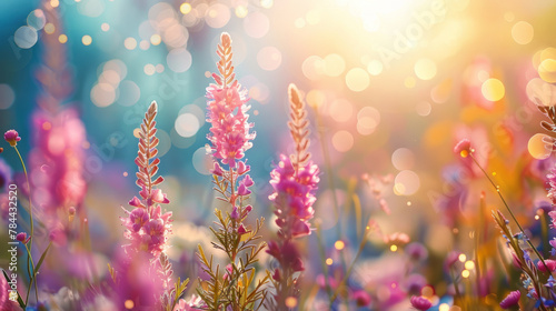 Vibrant flower meadow under sunny blue sky with bokeh lights, perfect for summer greeting cards and spring concepts.
