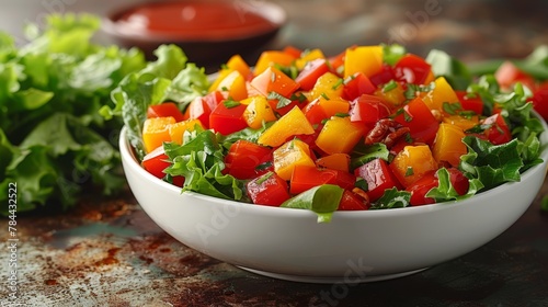   A tight shot of a salad in a bowl, filled with lettuce and tomatoes arranged beside it