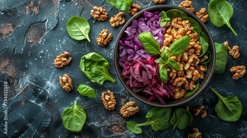  spinach, red cabbage, walnuts, and more spinach leaves