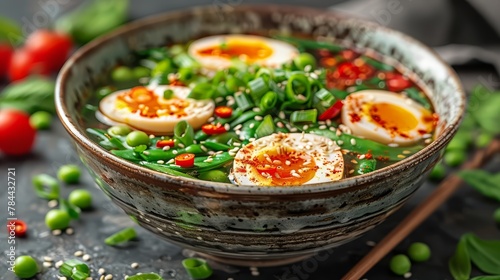   A tight shot of a bowl brimming with cooked eggs atop a verdant mound of green beans and assorted vegetables