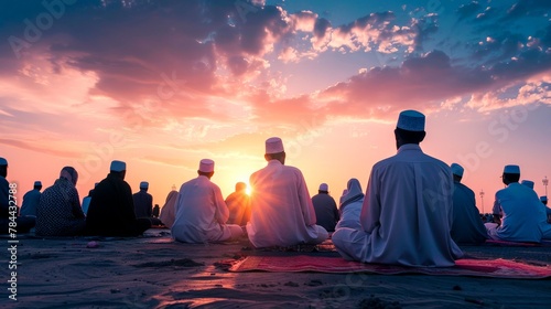 The peaceful ambiance of Maghrib prayer at sunset, with individuals reflecting and connecting with their faith against the backdrop of a vibrant sky. photo