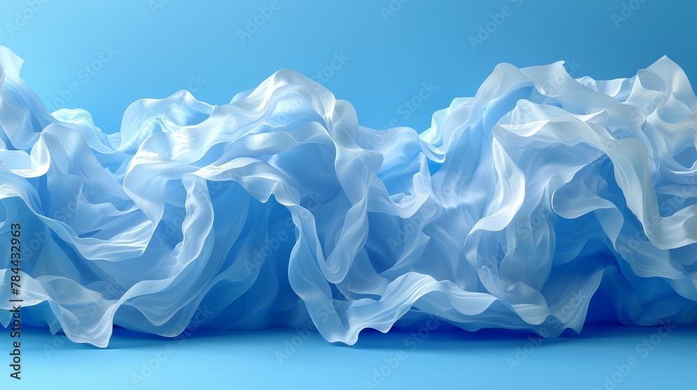 A crisp, blue backdrop holds a wave of pristine white fabric Text or image space available A crisp, blue backdrop holds a wave of pristine white fabric Text or image space available
