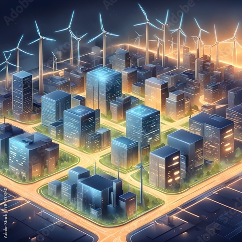 Smart grid infrastructure powering the city, with decentralized energy generation, energy storage systems, and dynamic load balancing to withstand disruptions