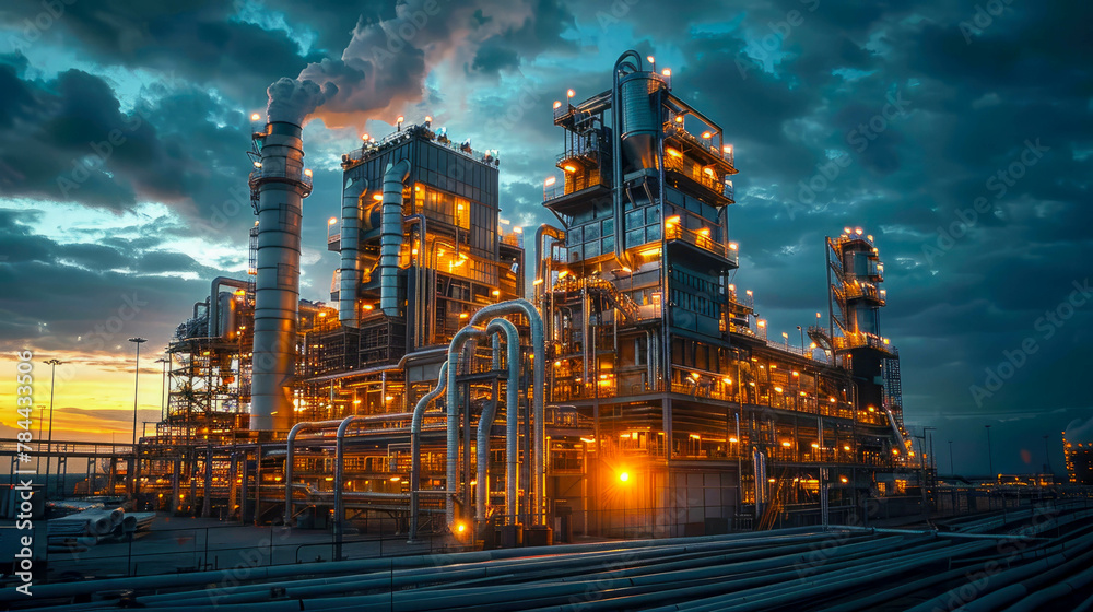 Industrial landscape with oil refinery plant at sunset Industrial landscape with oil refinery plant at sunset