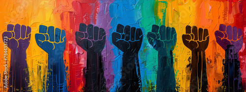 drowning art painting, colorful clenched fists hands raised in the air. Protest, strength, freedom, revolution, rebel, revolt concept design  photo