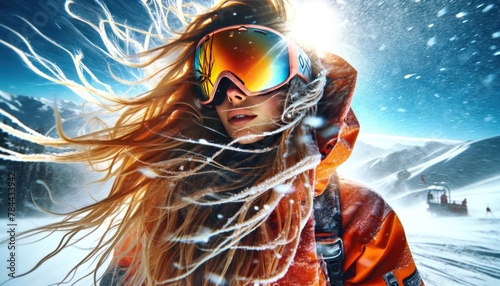 female snowboarder, captured in the midst of a snowstorm on a bright day.