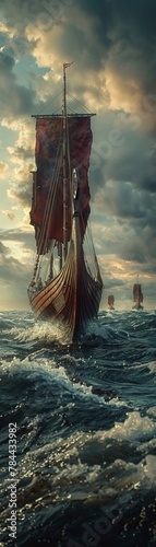 Capture the grandeur of Viking voyages from a unique perspective with a worms-eye view Envision longships sailing amidst turbulent waters under a dramatic sky, conveying strength and adventure