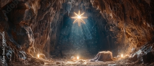 The scene of the birth of Jesus Christ depicted in a wooden manger with the Star of Bethlehem shining above, set inside a cave. photo