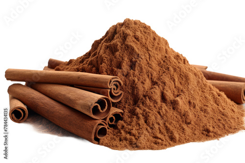 Aromatic Symphony: A Pile of Cinnamon Sticks and Powder. On White or PNG Transparent Background. photo