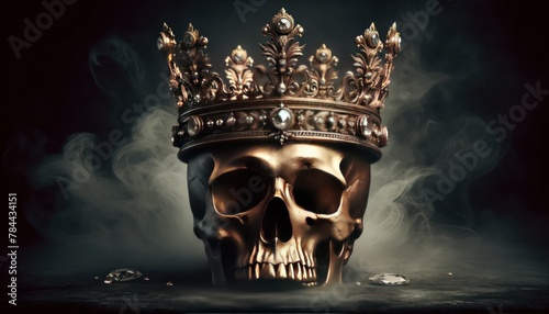 crown adorned with gems rests atop a golden human skull against a dark, misty background. The crown symbolizes power