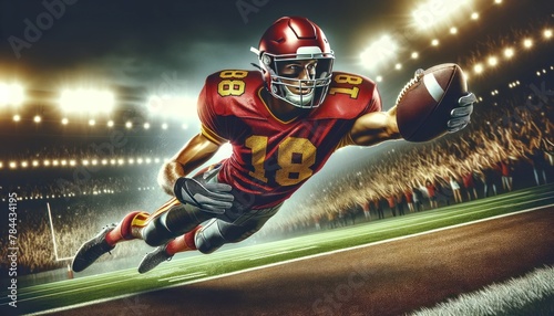 American football player in a red and gold uniform, with the number 18, is captured in a dynamic dive for a touchdown. photo