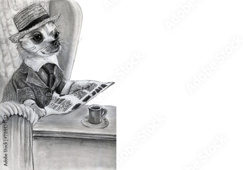 Chihuahua seduto in poltrona che legge il giornale, ritratto a grafite isolata su sfondo bianco photo