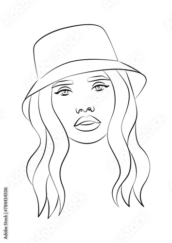 simple, minimalist illustration of a beautiful young woman in a panama hat, vector line art, fashion accessories, vacation concept © Yana