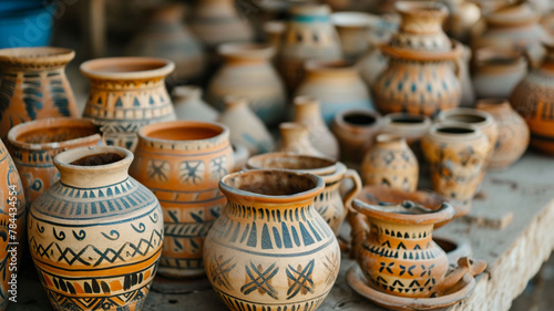 A photograph capturing the intricate patterns of traditional pottery, showcasing the artistry and cultural significance of handmade ceramic heritage
