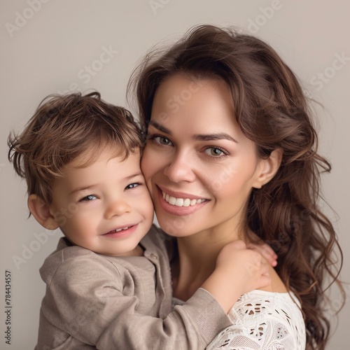 mother hugs her little son and smiles