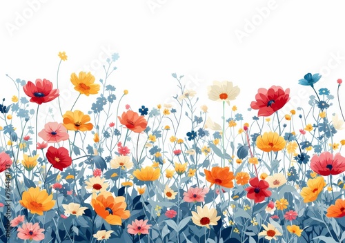 Colorful Field of Flowers Vibrant Blooms in a Peaceful Meadow with Copy Space on a White Background © VICHIZH