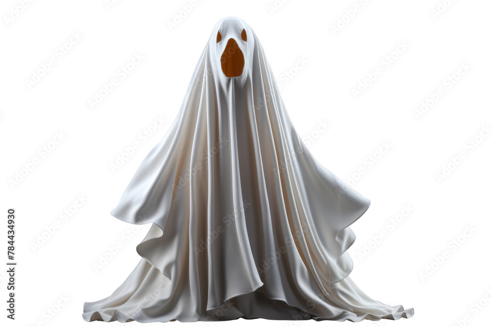Ethereal White Ghost Figurine With Glowing Orange Eyes. On White or PNG Transparent Background.