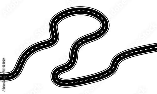 Wave road vector icon. Curved highway. Road with marking. Black asphalt with strips. Top view.