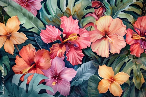 Vibrant Tropical Floral Painting on Pink and Orange Hibiscus Flower Background