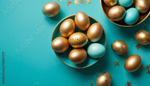 Festive Easter background with painted golden decoration on Easter eggs on beautiful turquoise table. Top view and fashion flat lay style.