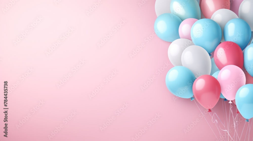 Baby party, celebration festive banner greeting card - Pastel pink and blue balloons, isolated on blue wall background