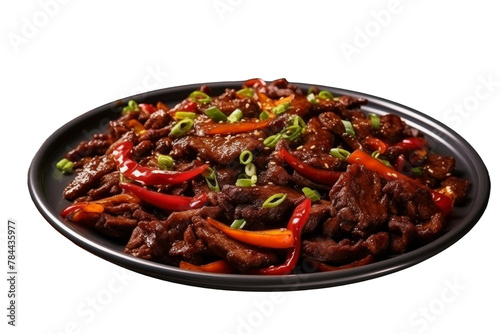 Sizzling Beef Delight: A Plate of Succulent Beef and Colorful Peppers. On White or PNG Transparent Background.