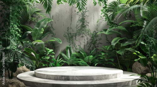 Podium background product green nature 3D forest stand white plant. Cosmetic background product podium display wood jungle studio garden beauty platform presentation mockup pedestal stone tropical 