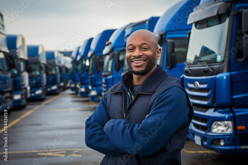 A cheerful African American truck driver stands proudly in front of a line of blue trucks, embodying professionalism and reliability in logistics.