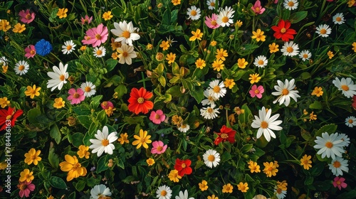 Field of spring flowers. Top view. AI generative.