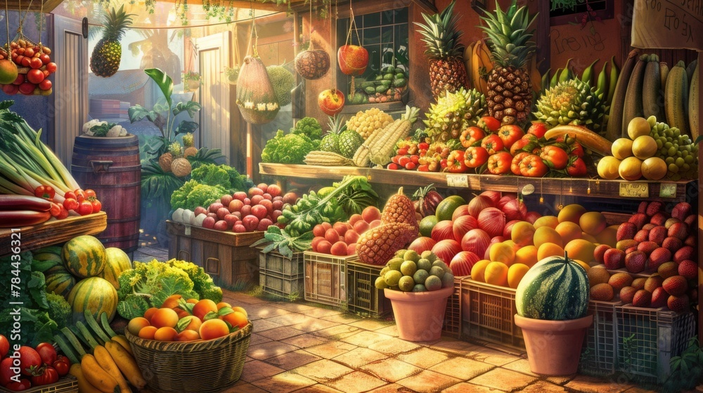Exotic market with various fruits and vegetables. AI generative.