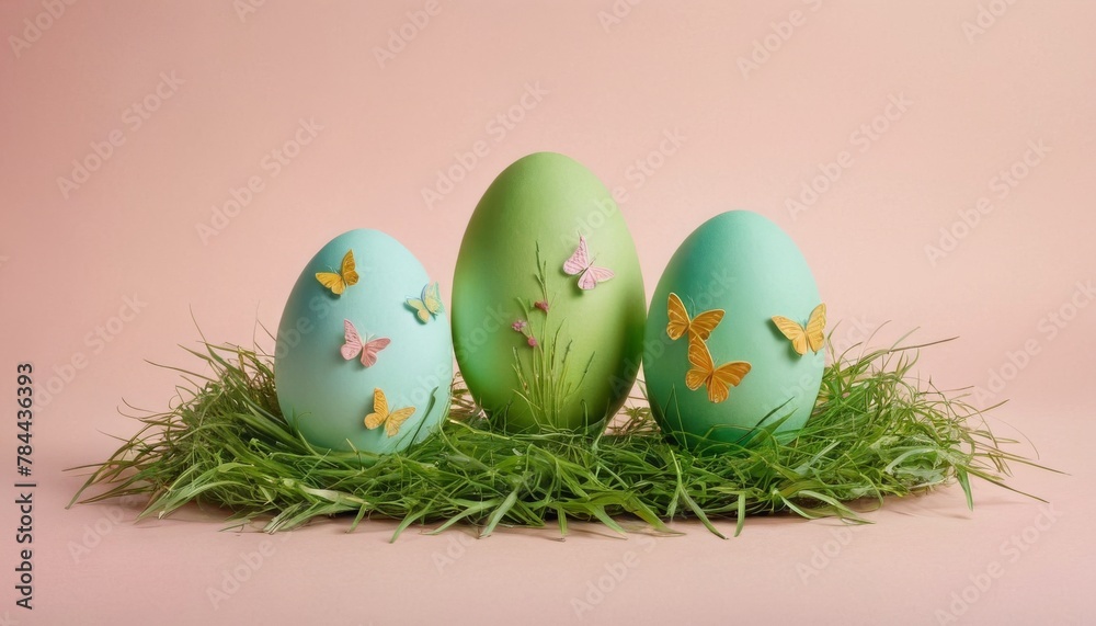 Green Easter eggs and holiday symbols paper art elements grass flowers butterflies Isolated on a isolated pastel background