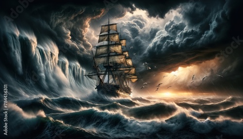 Wallpaper Mural ancient tall ship is caught in the heart of a ferocious tempest. Towering waves surge around the vessel, while ominous clouds roil in the sky. Torontodigital.ca