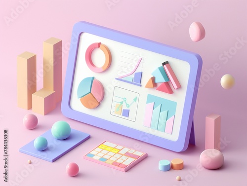 Online education dashboard on tablet, pastel colors, close-up, 2D style.