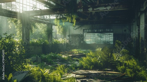 Overgrown biotech facility, where nature reclaims molecular models, dystopian rebirth at dawn. photo
